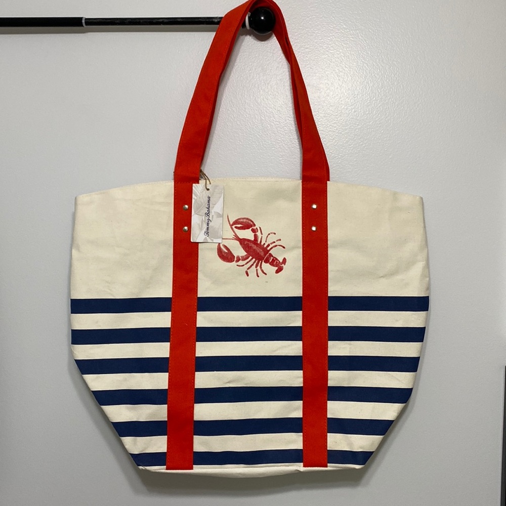 COPY - Tommy Bahama tan/blue/orange striped lobster print oversized tote 18x22x8